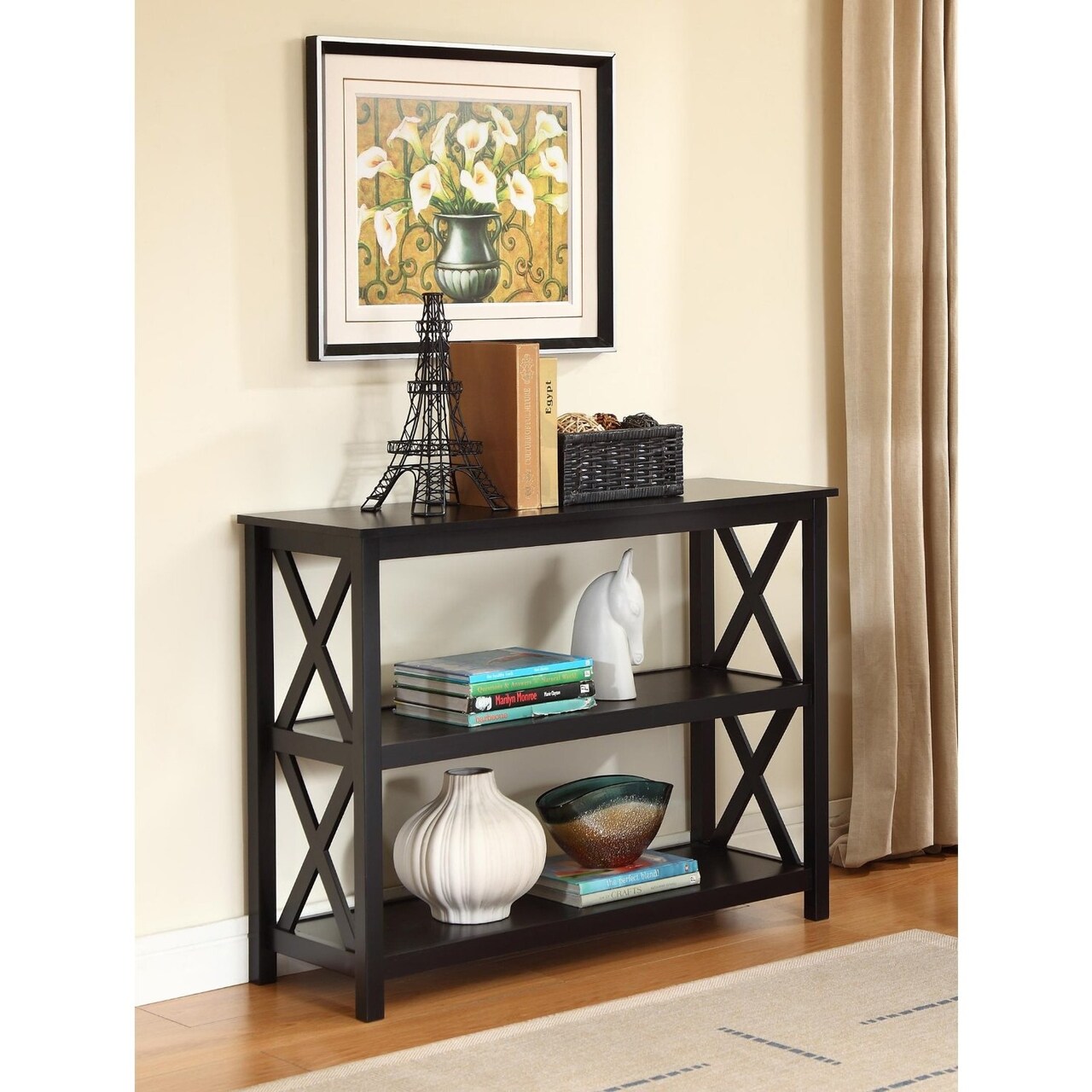Black 3-Tier Wood Console Sofa Table with Shelves and Sides X-Design for Entryway or Hallway